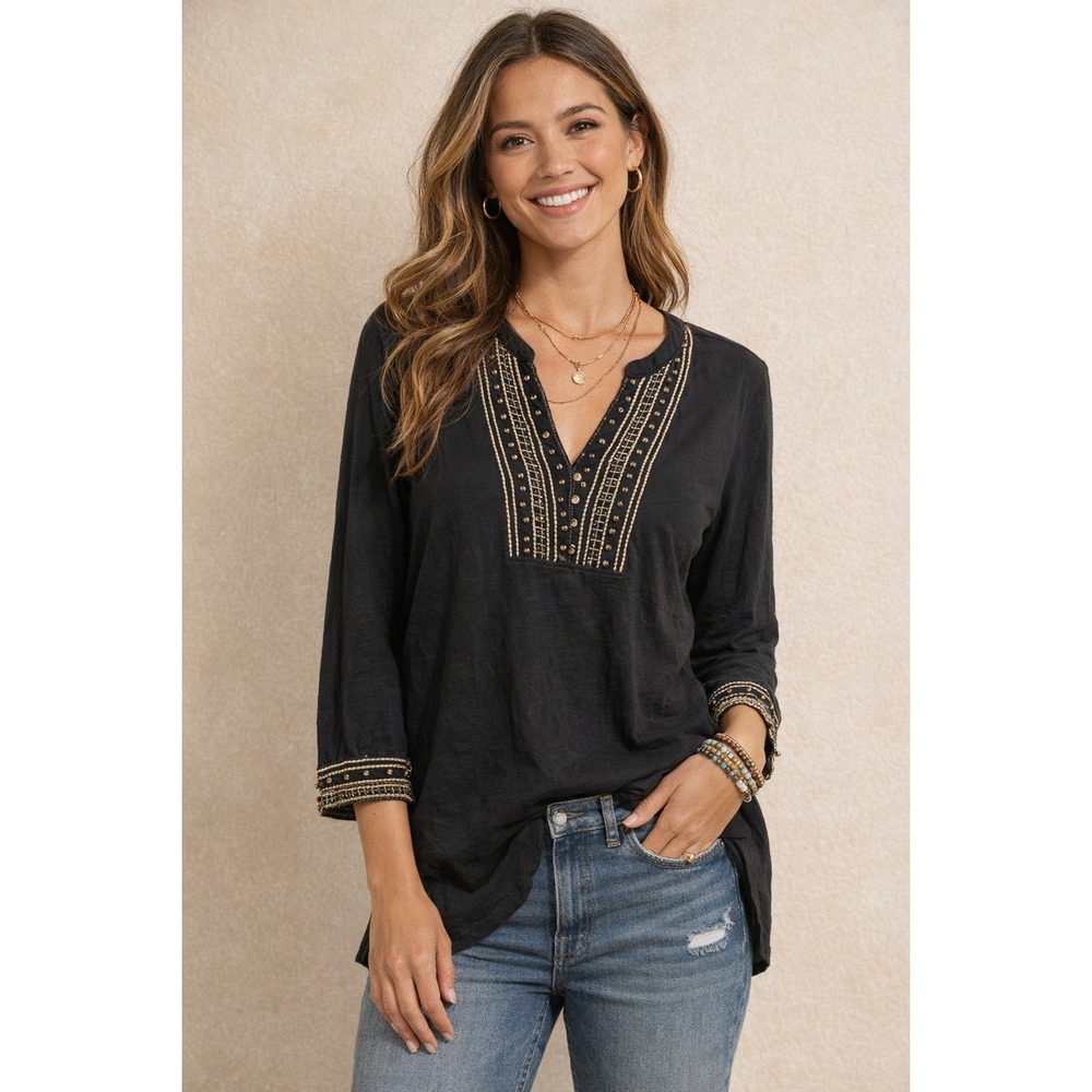 Lucky Brand Women's Y2K Tunic Top Black Beaded Boho Festival Hippie Top Small